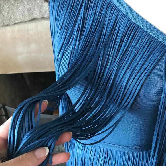 'Herve Leger Paris' One Shoulder Mini Fringe Dress in Petrol Blue - Size Small - Picture 4 of 8